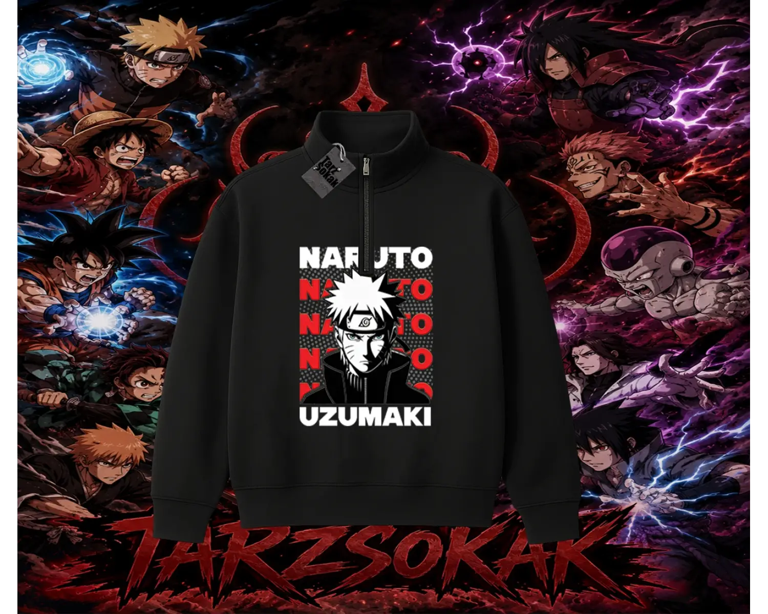Naruto Uzumaki Premium Anime Unisex Polo Yaka Yarım Fermuarlı Sweatshirt Beyaz