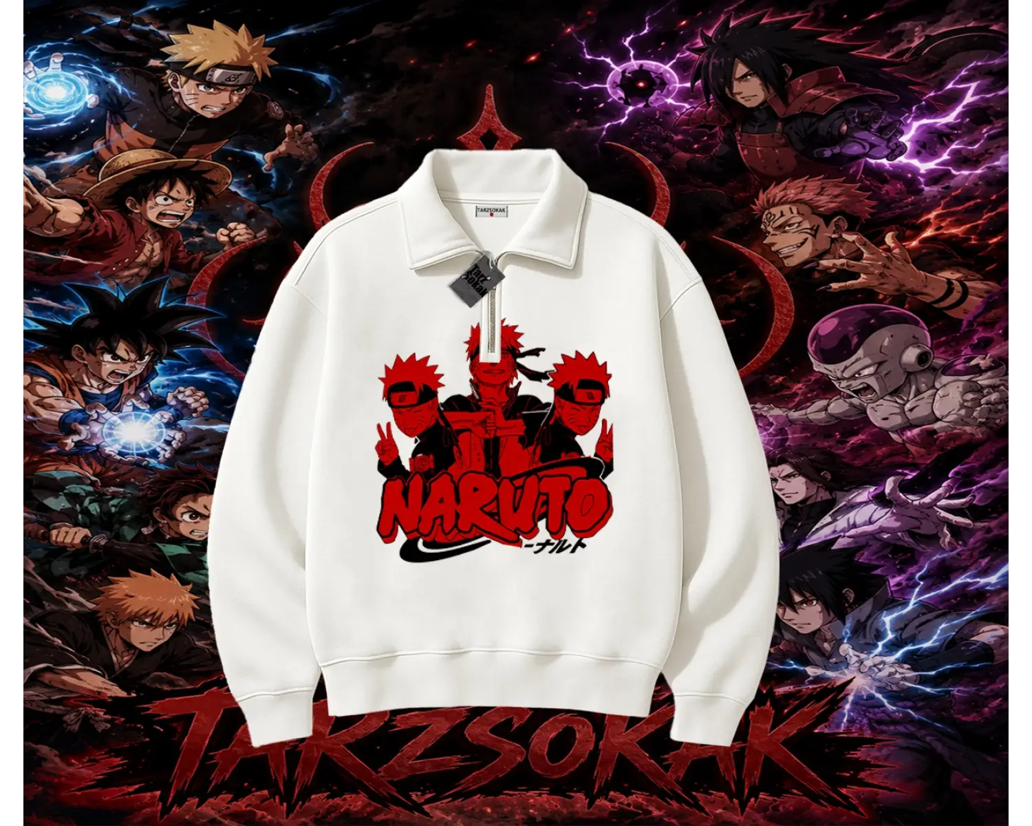 Naruto Uzumaki Premium Anime Unisex Polo Yaka Yarım Fermuarlı Sweatshirt Beyaz