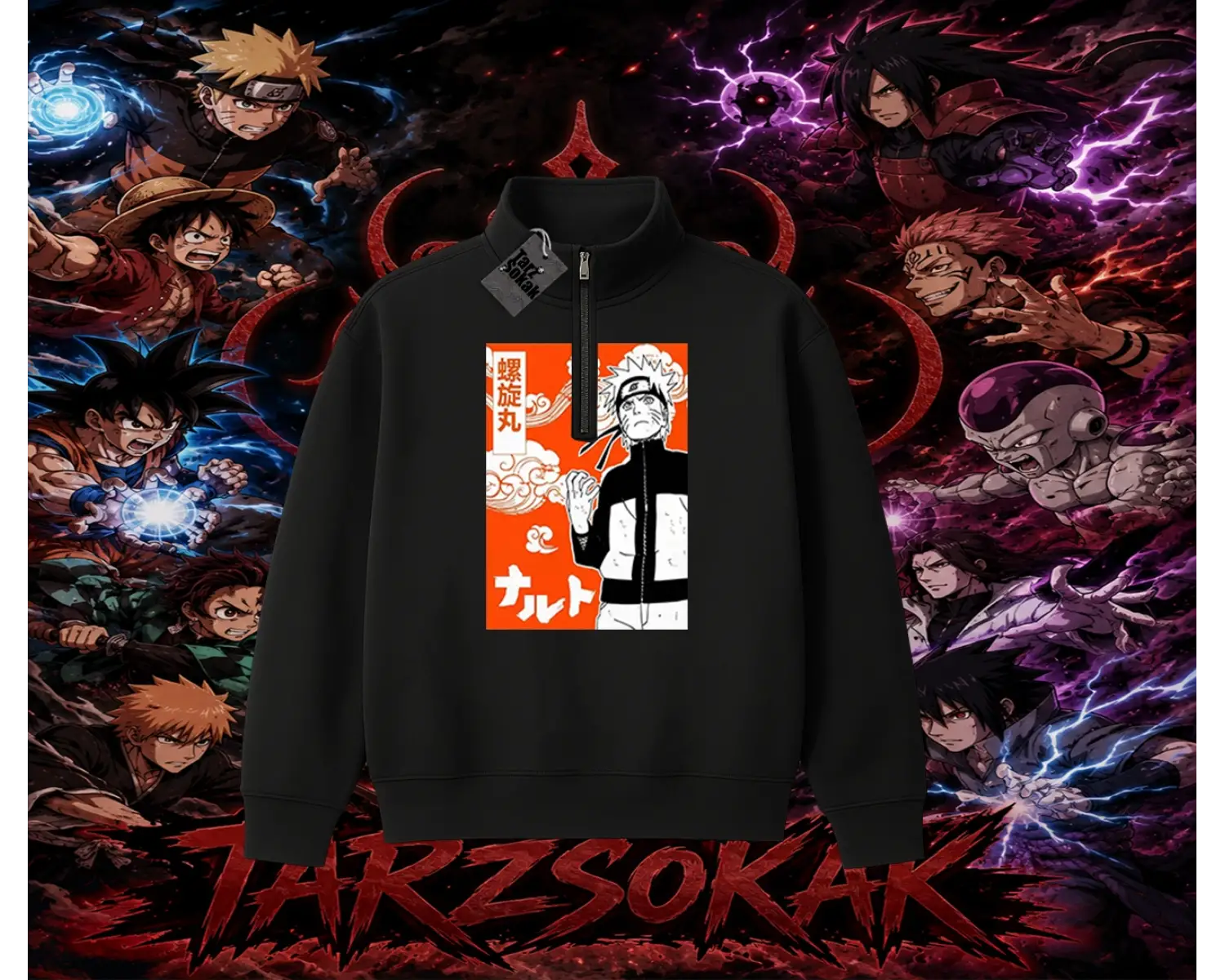 Naruto Uzumaki Premium Anime Unisex Polo Yaka Yarım Fermuarlı Sweatshirt Beyaz