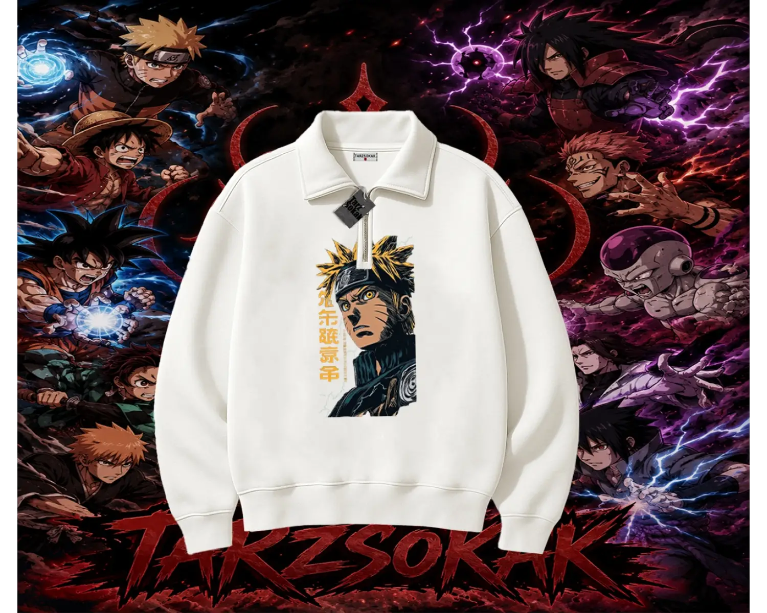 Naruto Uzumaki Premium Anime Unisex Polo Yaka Yarım Fermuarlı Sweatshirt Beyaz