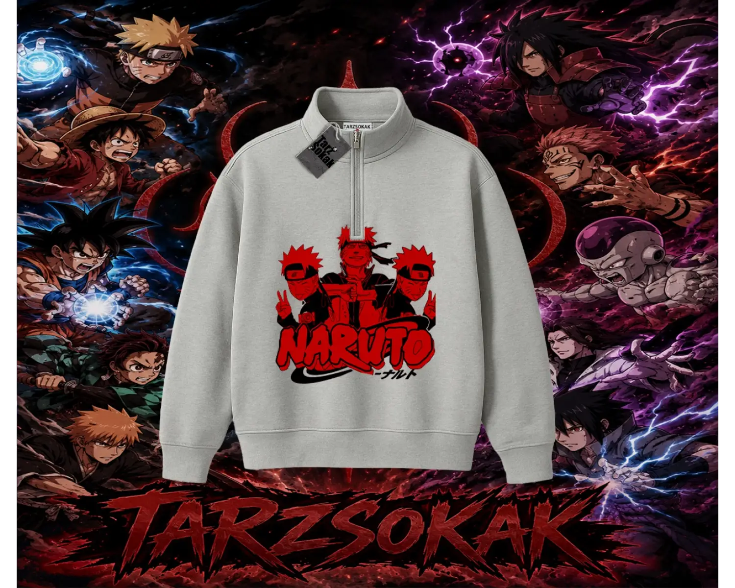 Naruto Uzumaki Premium Anime Unisex Polo Yaka Yarım Fermuarlı Sweatshirt Beyaz