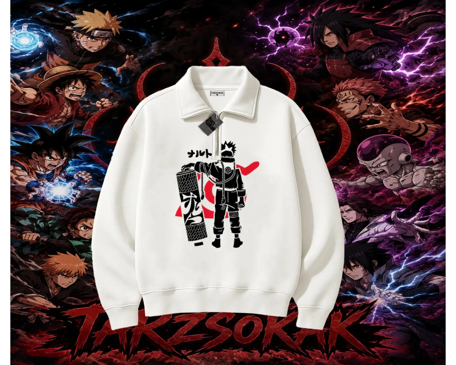 Naruto Uzumaki Premium Anime Unisex Polo Yaka Yarım Fermuarlı Sweatshirt Beyaz