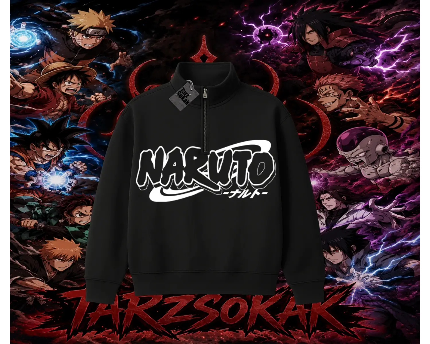 Naruto Uzumaki Premium Anime Unisex Polo Yaka Yarım Fermuarlı Sweatshirt Beyaz