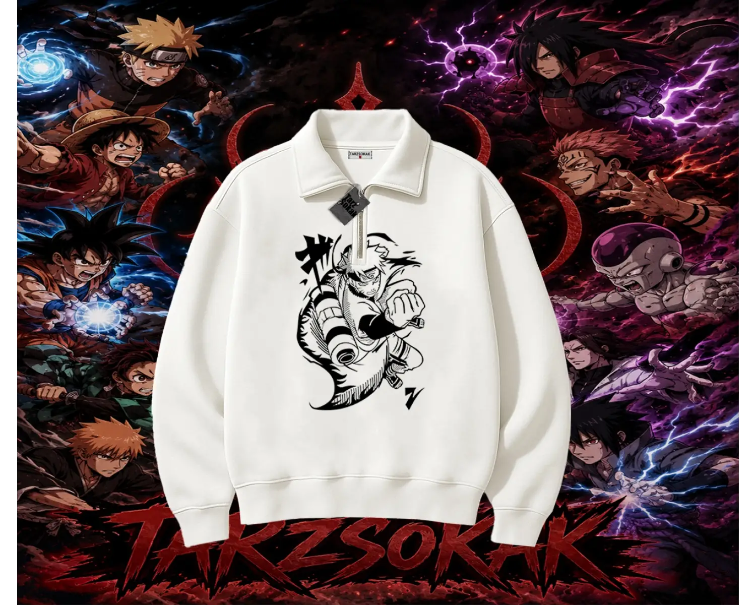 Naruto Uzumaki Premium Anime Unisex Polo Yaka Yarım Fermuarlı Sweatshirt Beyaz