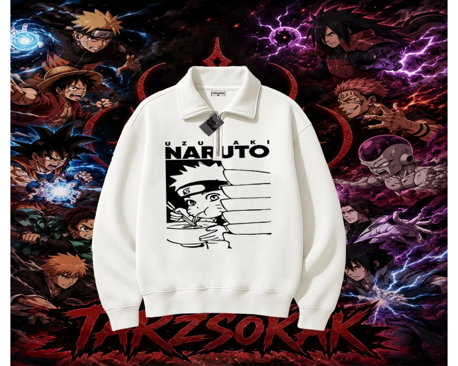 Naruto Uzumaki Premium Anime Unisex Polo Yaka Yarım Fermuarlı Sweatshirt Beyaz