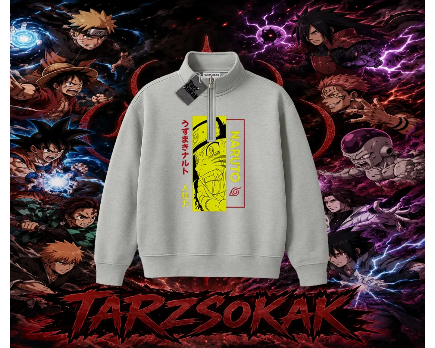 Naruto Uzumaki Premium Anime Unisex Polo Yaka Yarım Fermuarlı Sweatshirt Beyaz