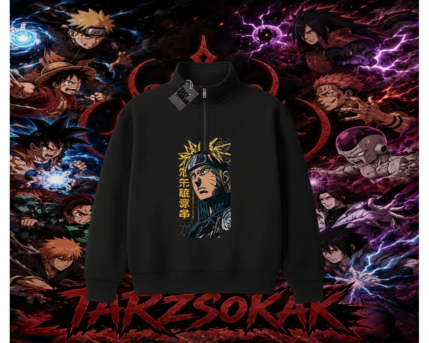 Naruto Uzumaki Premium Anime Unisex Polo Yaka Yarım Fermuarlı Sweatshirt Beyaz
