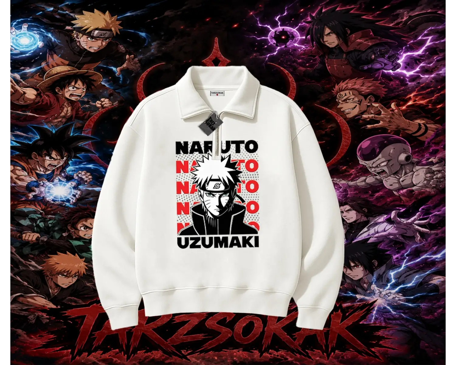 Naruto Uzumaki Premium Anime Unisex Polo Yaka Yarım Fermuarlı Sweatshirt Beyaz