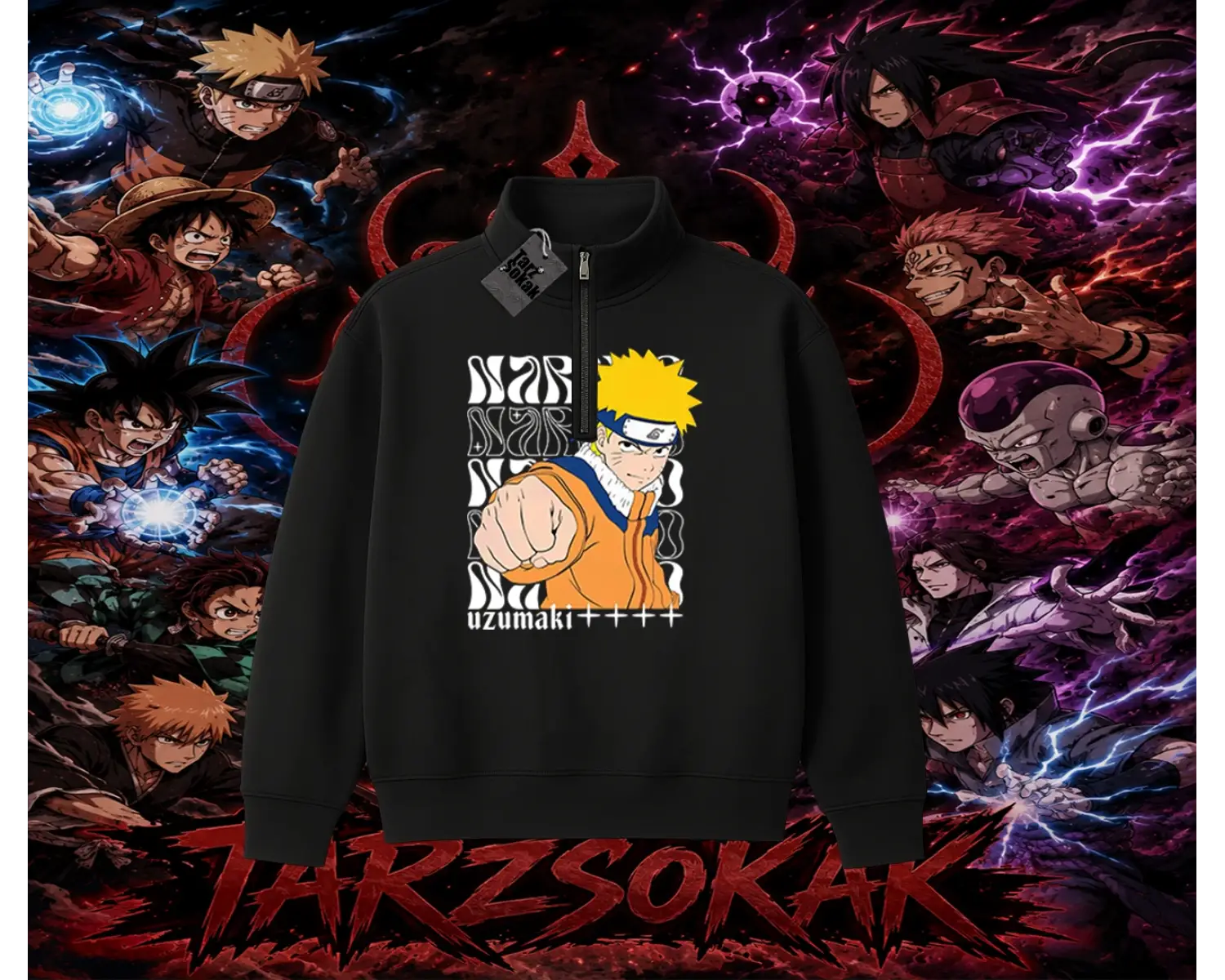 Naruto Uzumaki Premium Anime Unisex Polo Yaka Yarım Fermuarlı Sweatshirt Beyaz