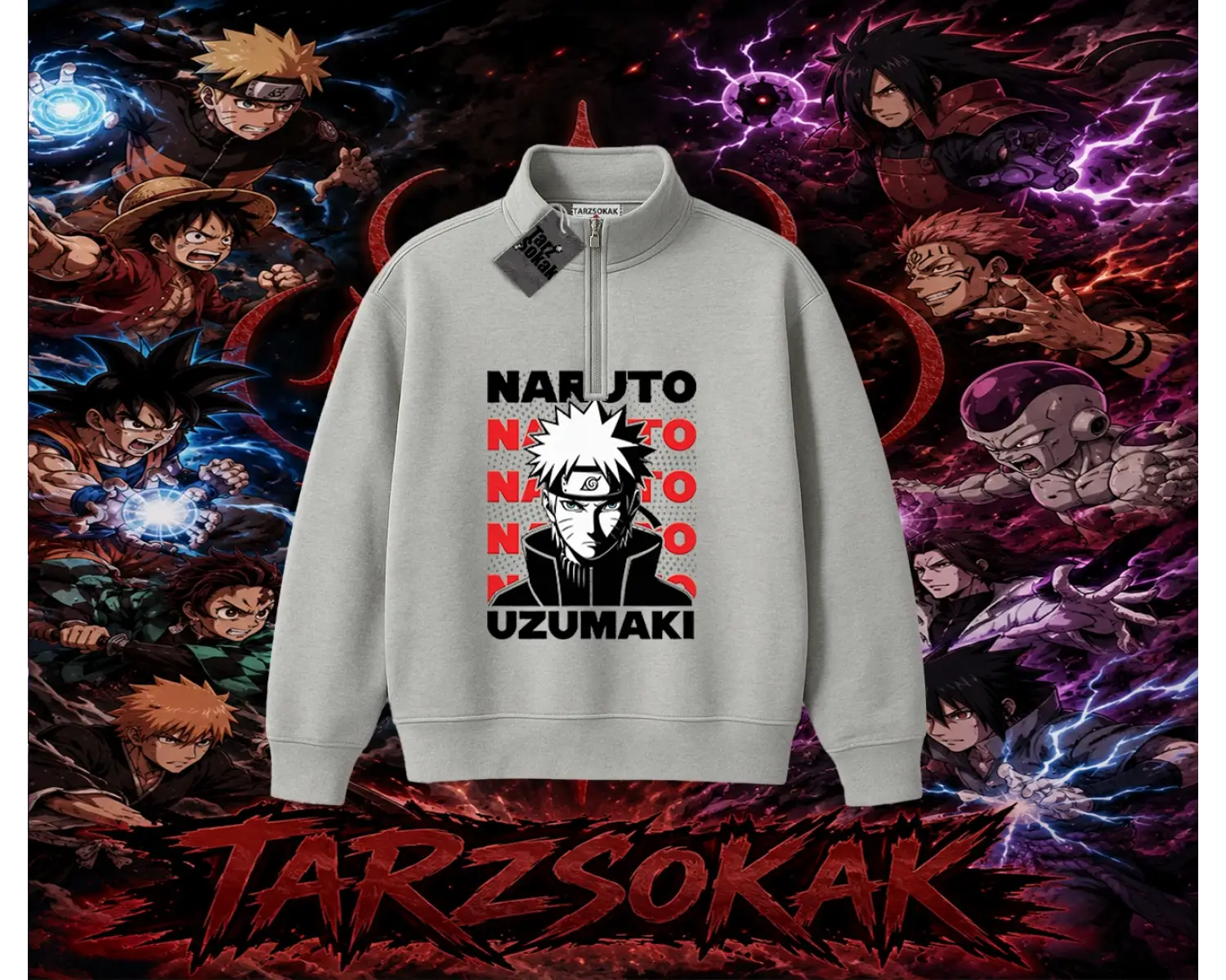 Naruto Uzumaki Premium Anime Unisex Polo Yaka Yarım Fermuarlı Sweatshirt Beyaz
