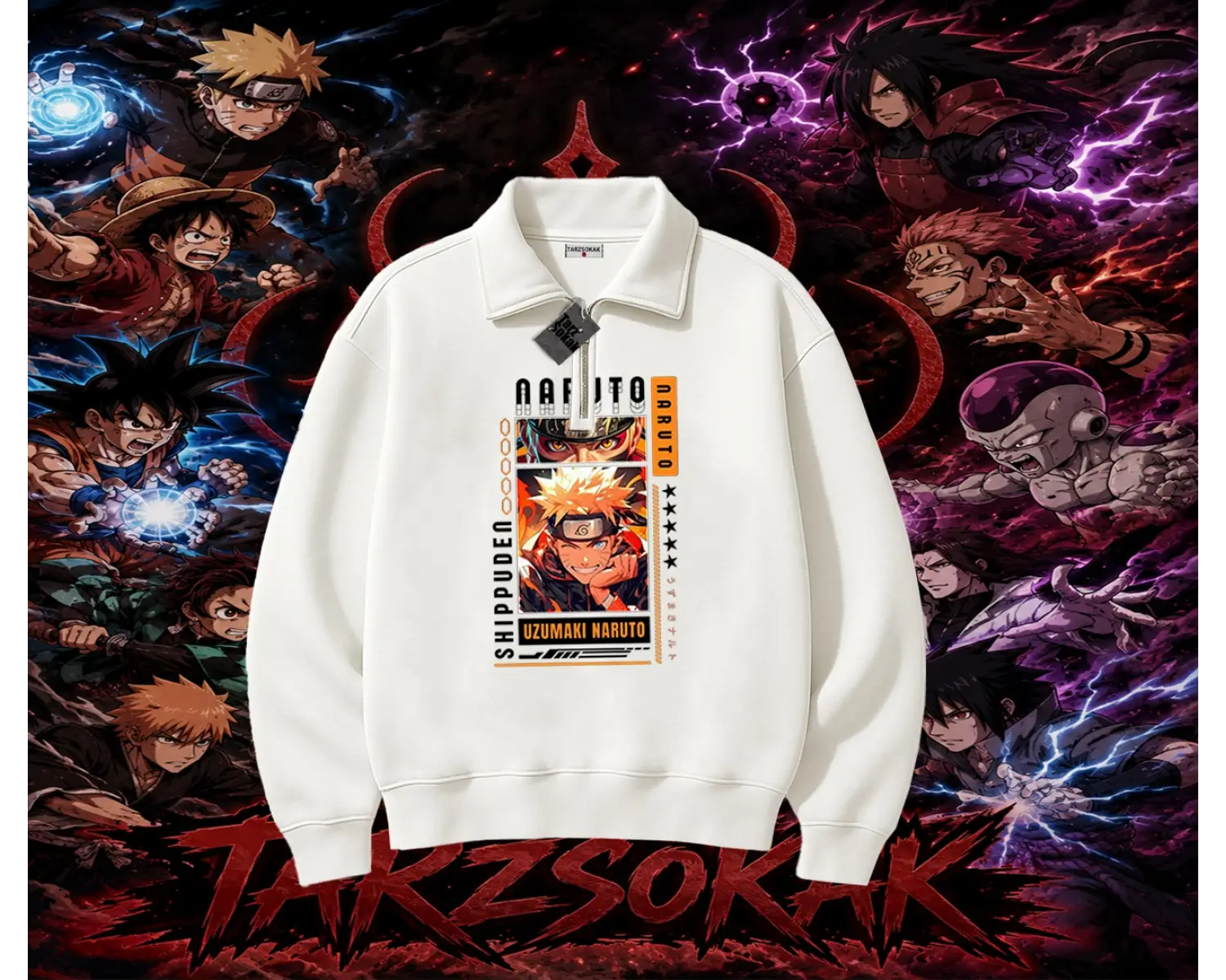 Naruto Uzumaki Premium Anime Unisex Polo Yaka Yarım Fermuarlı Sweatshirt Beyaz