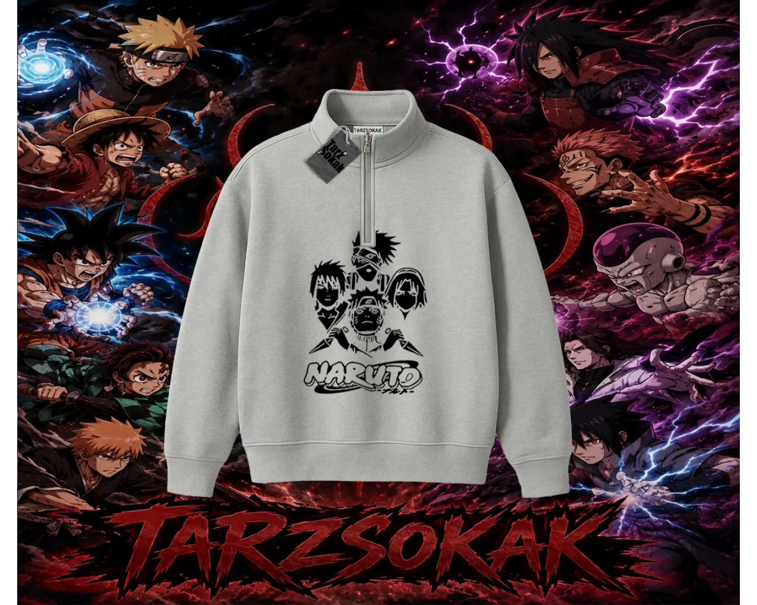 Naruto Uzumaki Premium Anime Unisex Polo Yaka Yarım Fermuarlı Sweatshirt Beyaz