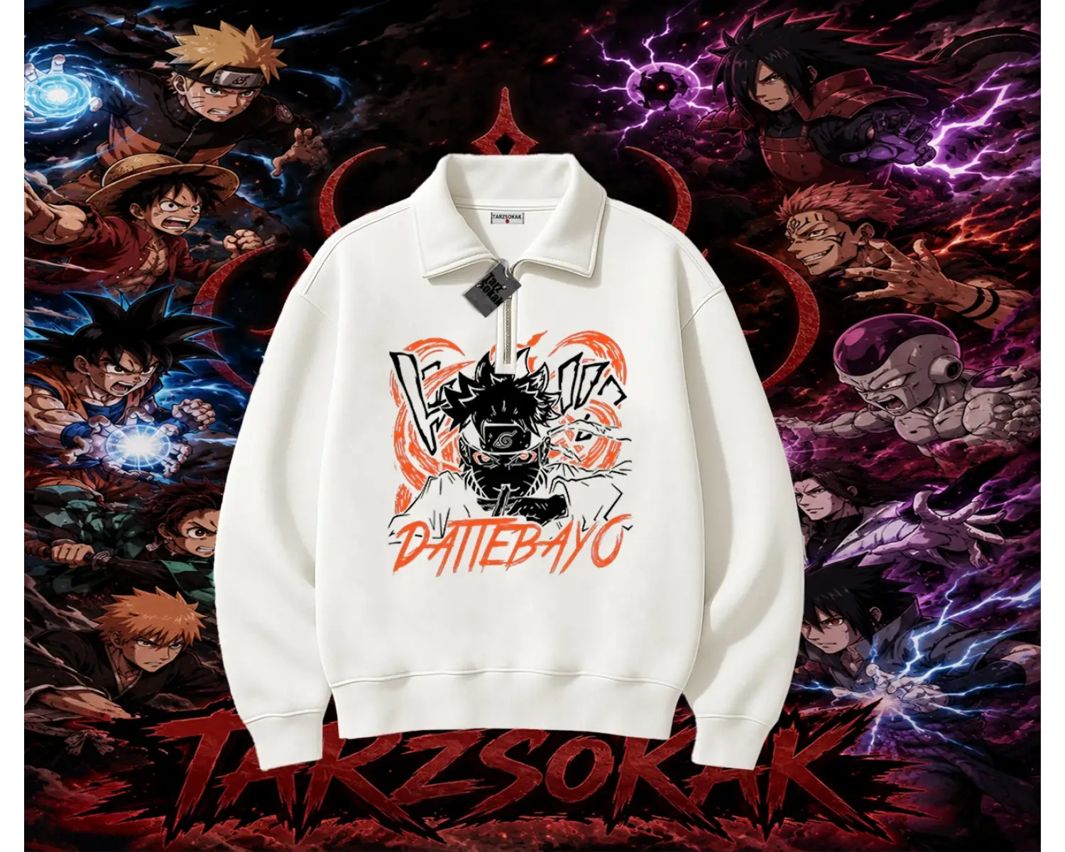 Naruto Uzumaki Premium Anime Unisex Polo Yaka Yarım Fermuarlı Sweatshirt Beyaz