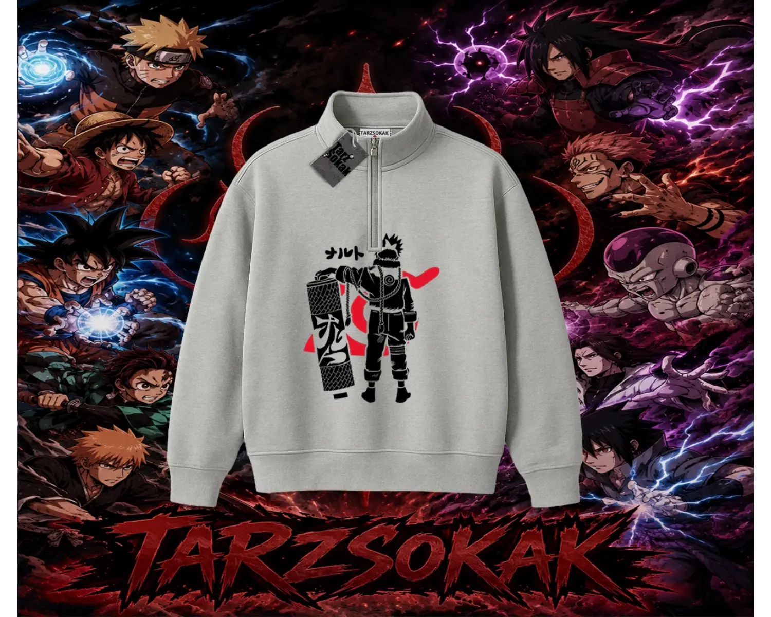 Naruto Uzumaki Premium Anime Unisex Polo Yaka Yarım Fermuarlı Sweatshirt Beyaz
