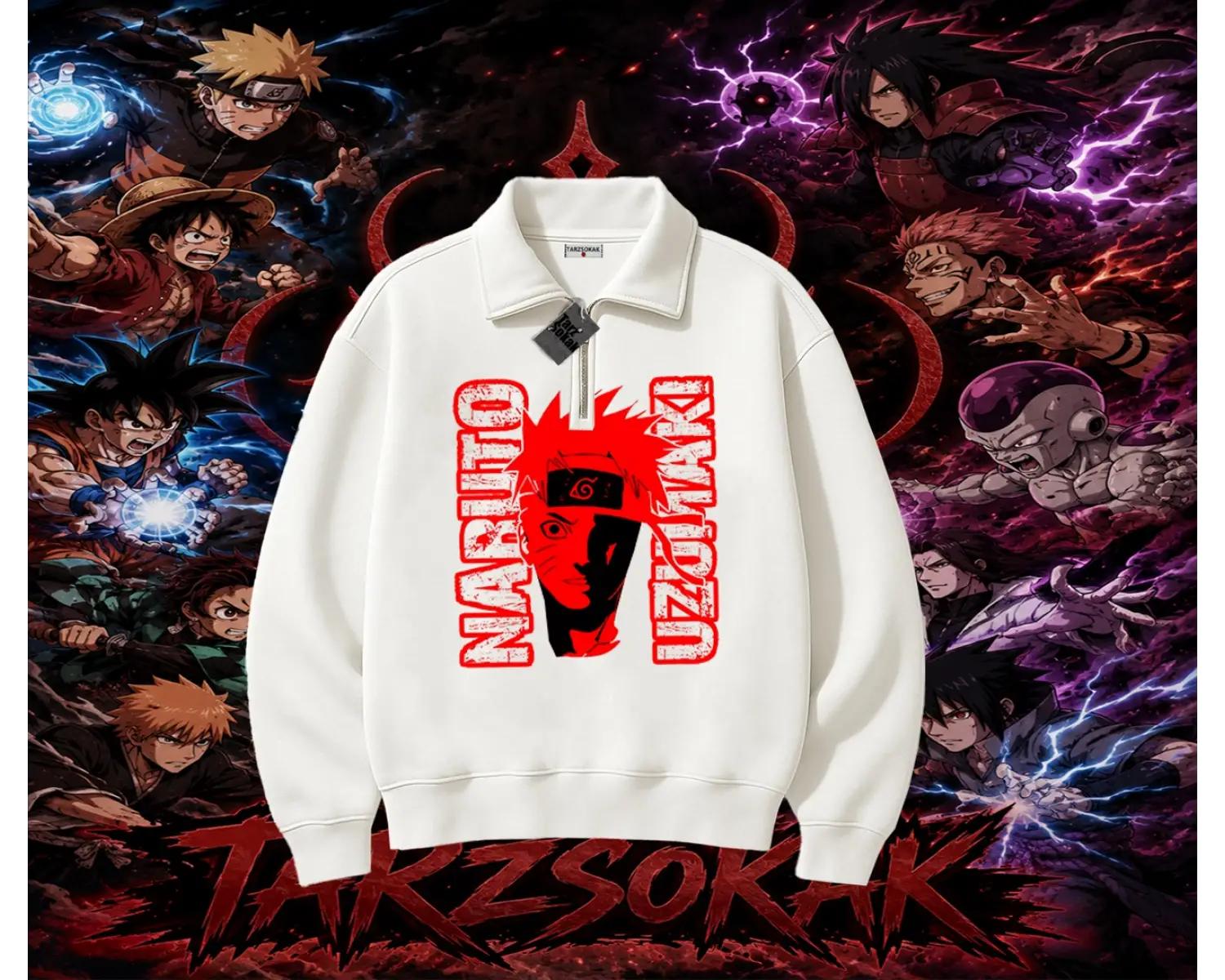 Naruto Uzumaki Premium Anime Unisex Polo Yaka Yarım Fermuarlı Sweatshirt Beyaz