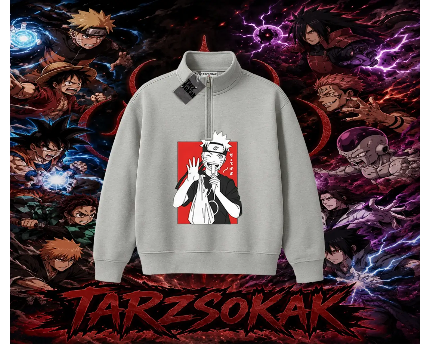 Naruto Uzumaki Premium Anime Unisex Polo Yaka Yarım Fermuarlı Sweatshirt Beyaz