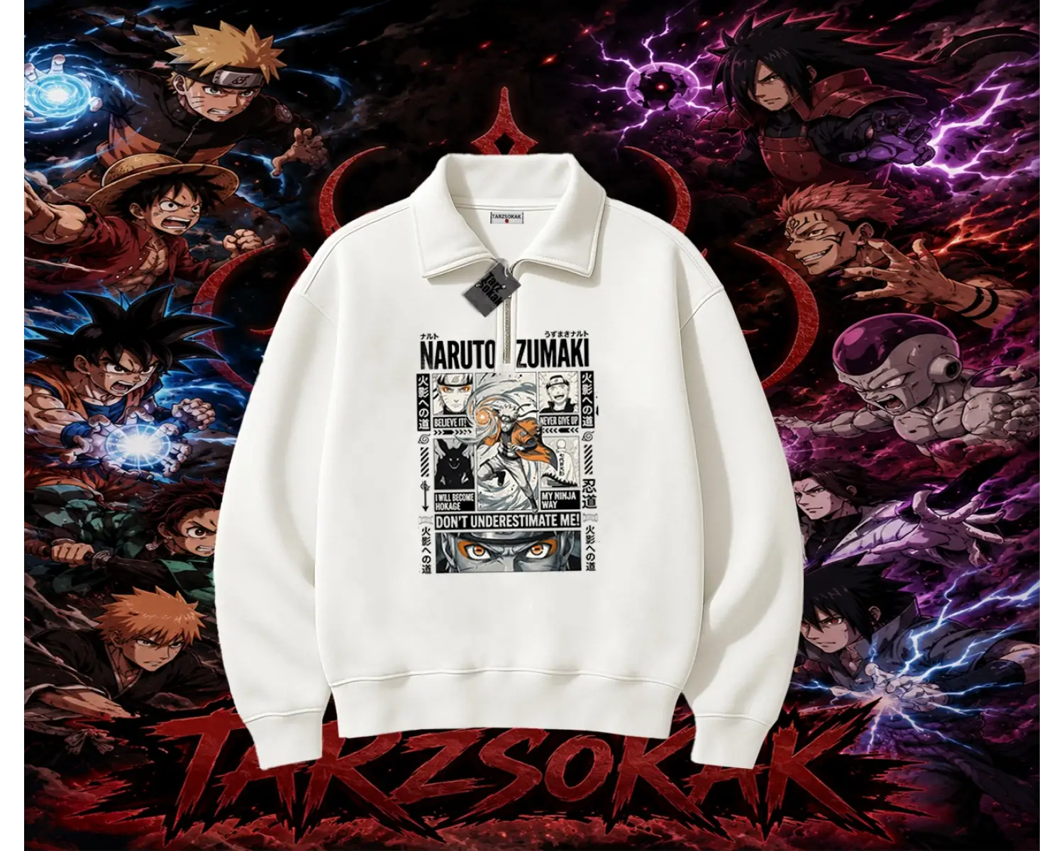 Naruto Uzumaki Premium Anime Unisex Polo Yaka Yarım Fermuarlı Sweatshirt Beyaz