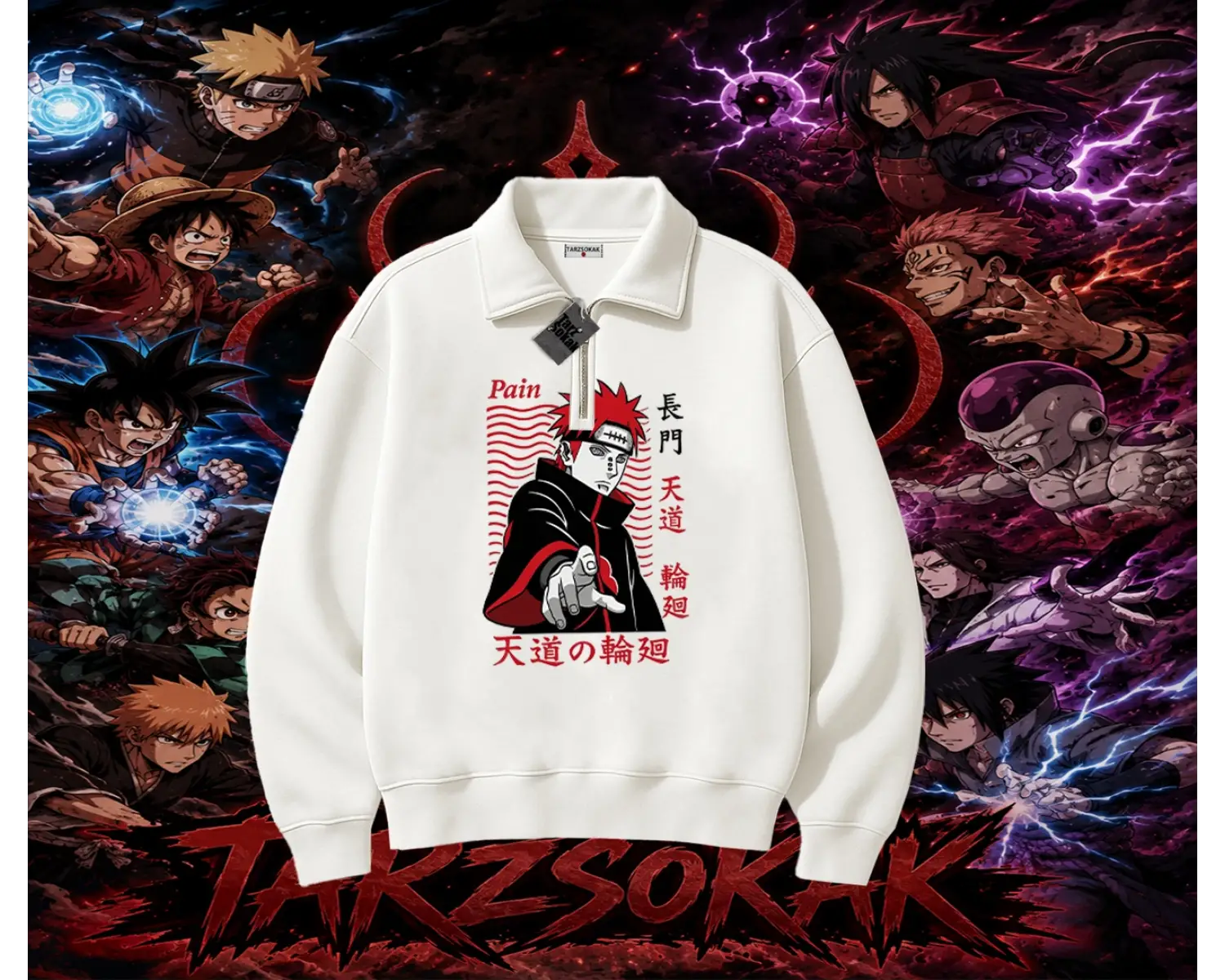 Naruto Uzumaki Premium Anime Unisex Polo Yaka Yarım Fermuarlı Sweatshirt Beyaz