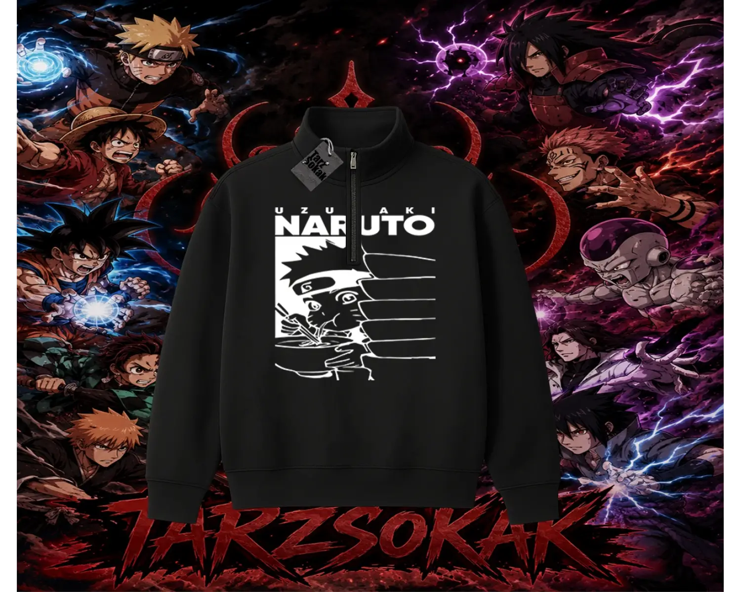 Naruto Uzumaki Premium Anime Unisex Polo Yaka Yarım Fermuarlı Sweatshirt Beyaz