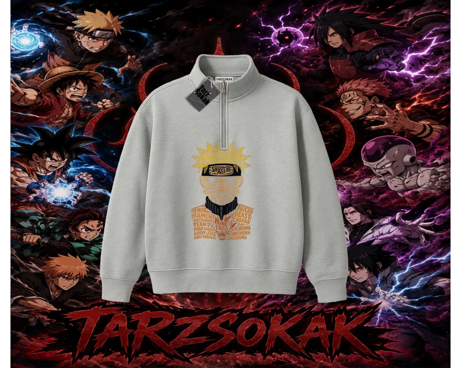 Naruto Uzumaki Premium Anime Unisex Polo Yaka Yarım Fermuarlı Sweatshirt Beyaz