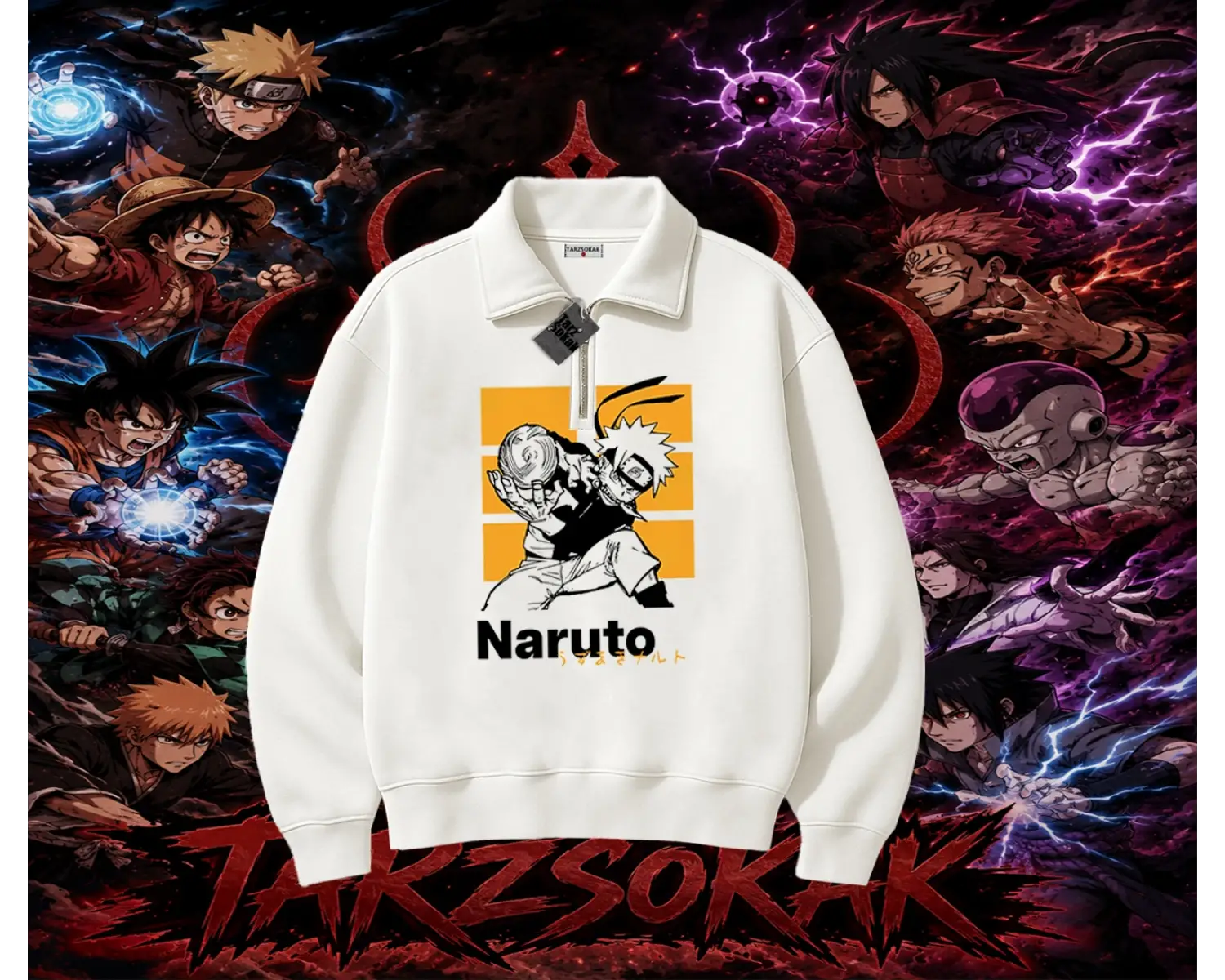 Naruto Uzumaki Premium Anime Unisex Polo Yaka Yarım Fermuarlı Sweatshirt Beyaz