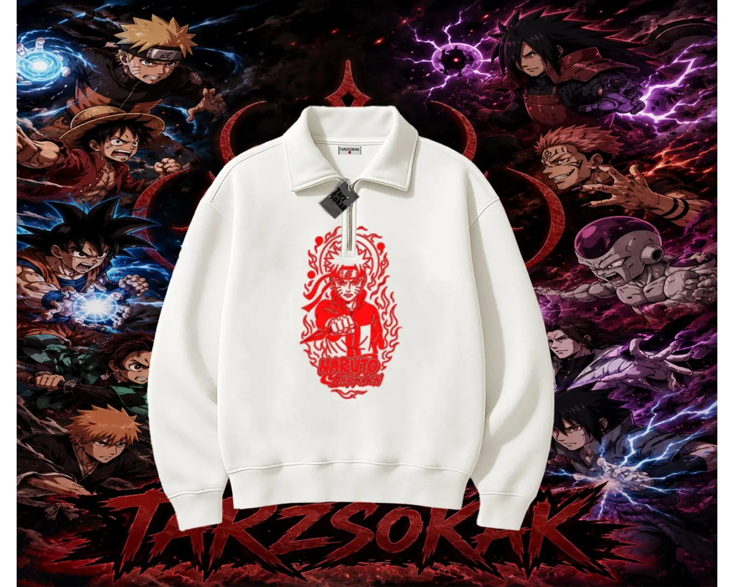 Naruto Uzumaki Premium Anime Unisex Polo Yaka Yarım Fermuarlı Sweatshirt Beyaz