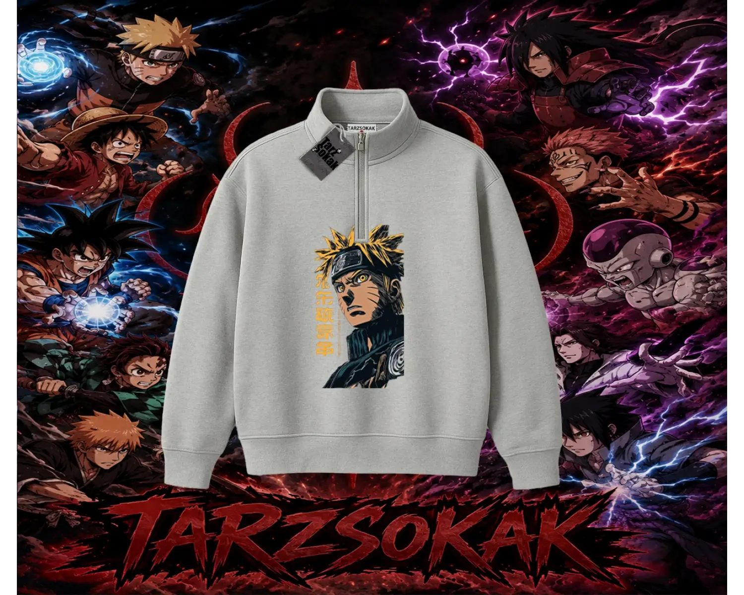Naruto Uzumaki Premium Anime Unisex Polo Yaka Yarım Fermuarlı Sweatshirt Beyaz