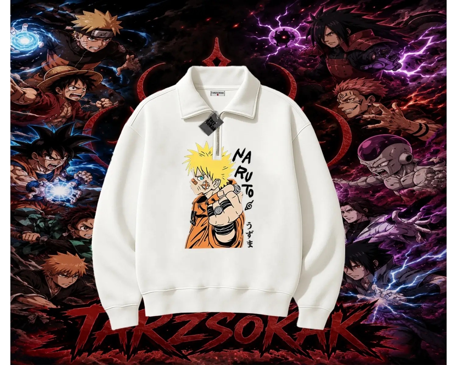 Naruto Uzumaki Premium Anime Unisex Polo Yaka Yarım Fermuarlı Sweatshirt Beyaz
