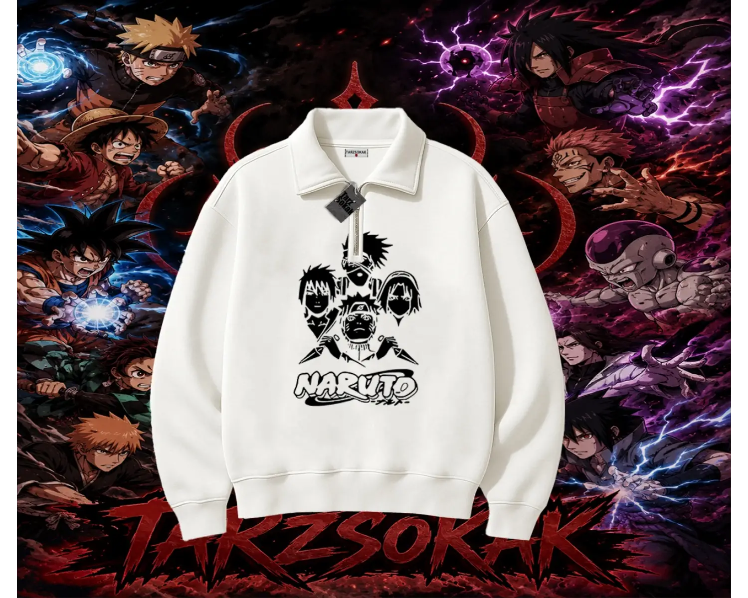 Naruto Uzumaki Premium Anime Unisex Polo Yaka Yarım Fermuarlı Sweatshirt Beyaz