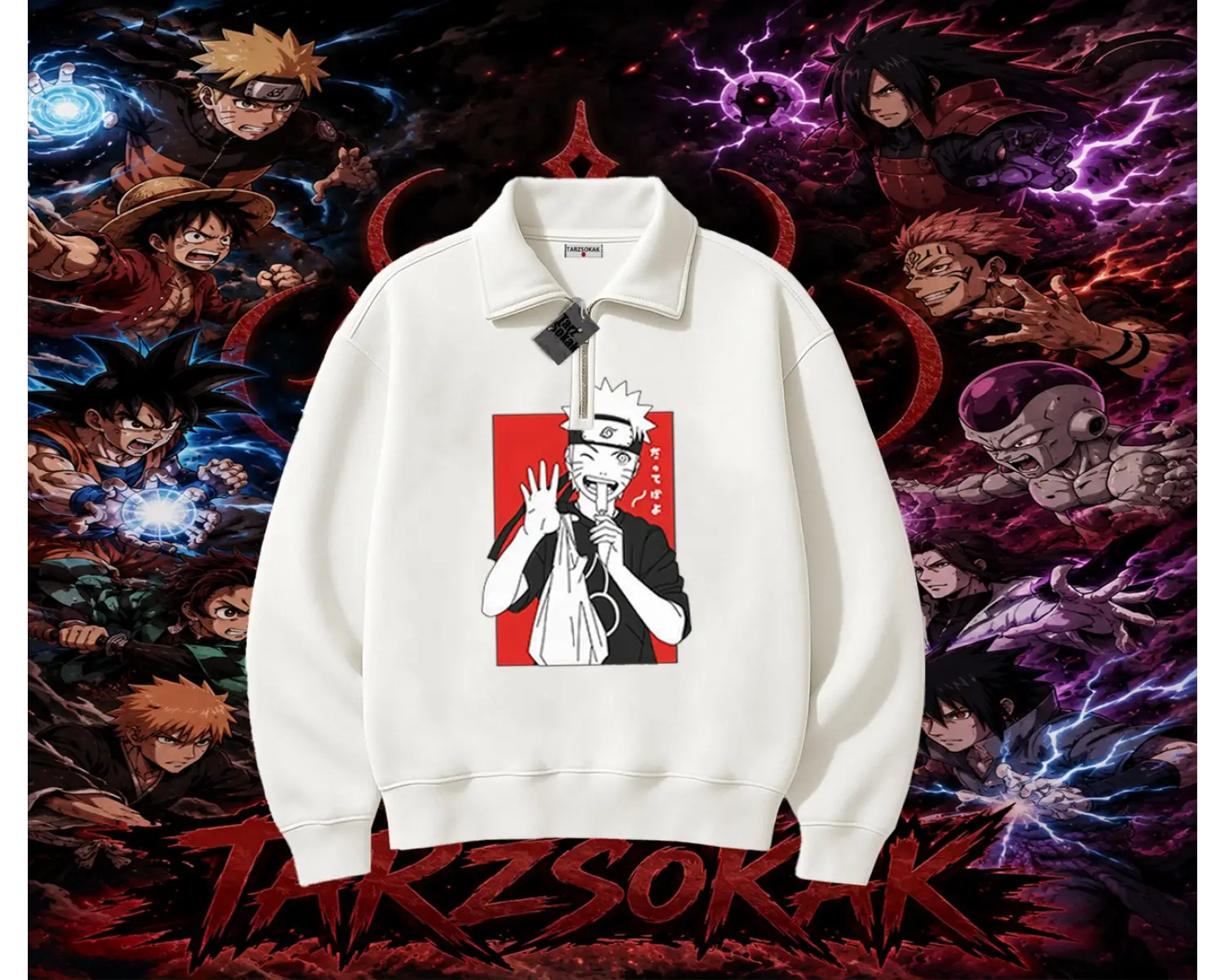 Naruto Uzumaki Premium Anime Unisex Polo Yaka Yarım Fermuarlı Sweatshirt Beyaz