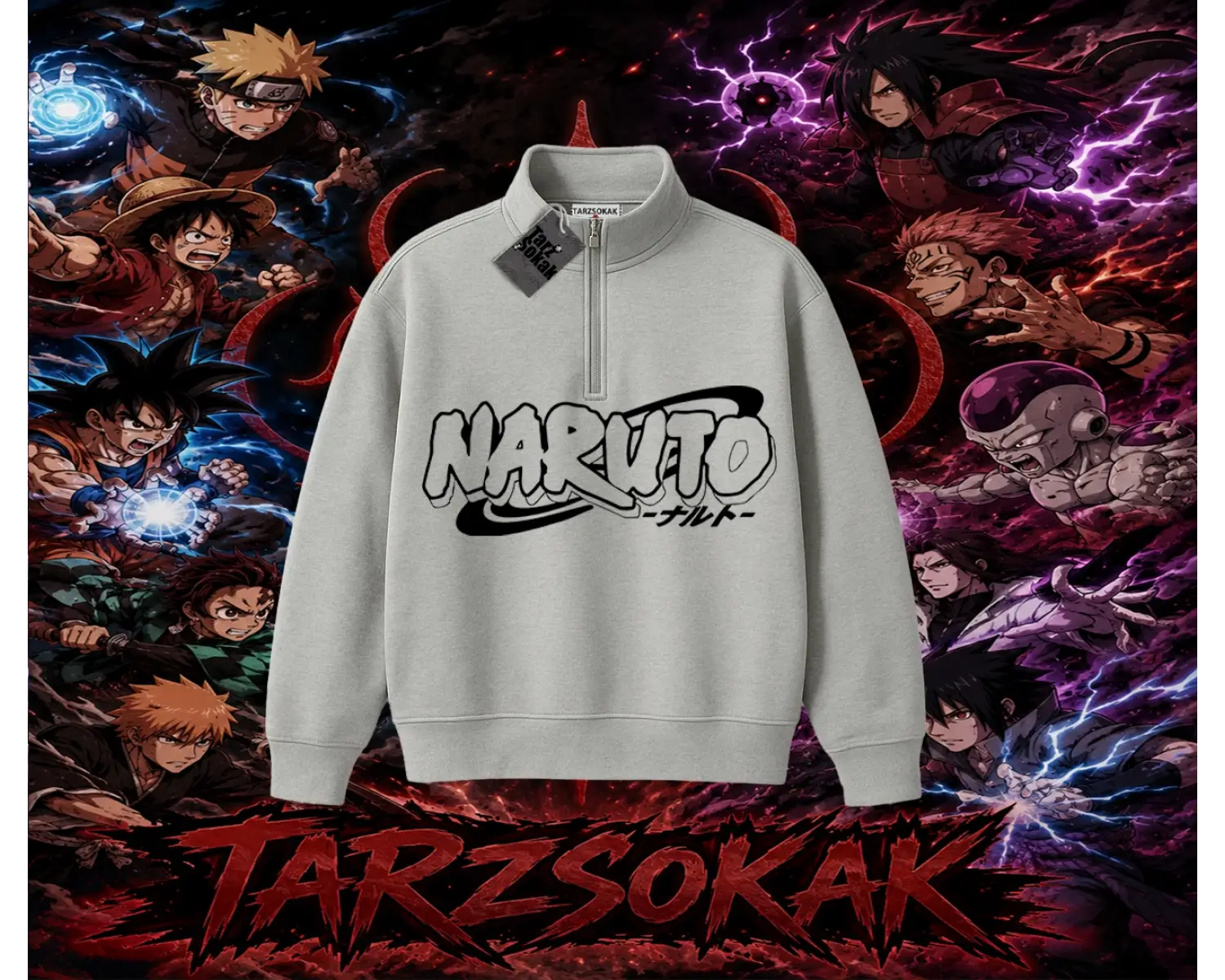 Naruto Uzumaki Premium Anime Unisex Polo Yaka Yarım Fermuarlı Sweatshirt Beyaz