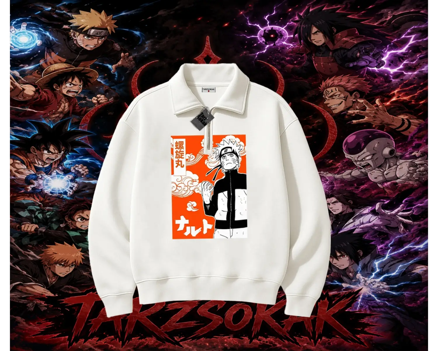 Naruto Uzumaki Premium Anime Unisex Polo Yaka Yarım Fermuarlı Sweatshirt Beyaz