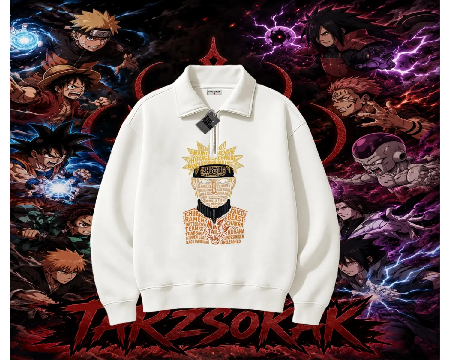 Naruto Uzumaki Premium Anime Unisex Polo Yaka Yarım Fermuarlı Sweatshirt Beyaz