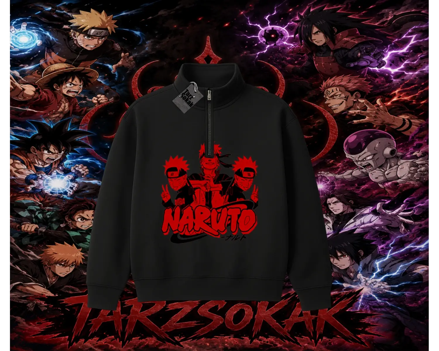 Naruto Uzumaki Premium Anime Unisex Polo Yaka Yarım Fermuarlı Sweatshirt Beyaz