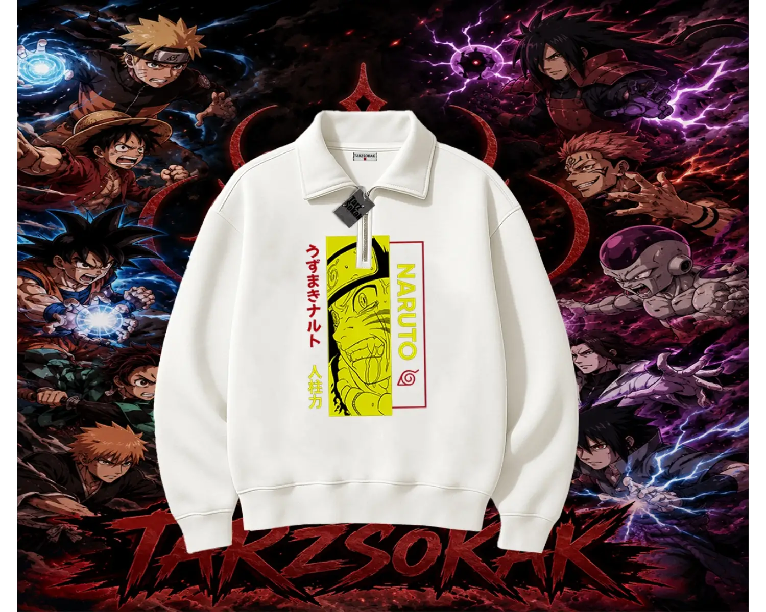 Naruto Uzumaki Premium Anime Unisex Polo Yaka Yarım Fermuarlı Sweatshirt Beyaz