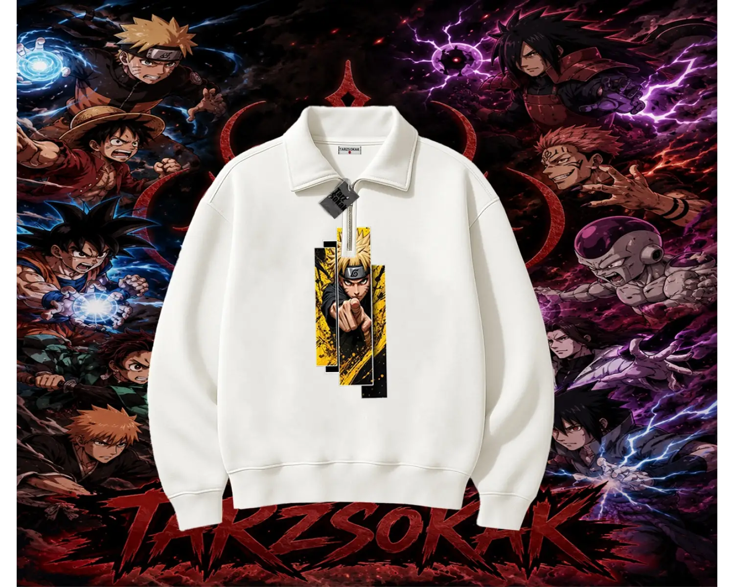 Naruto Uzumaki Premium Anime Unisex Polo Yaka Yarım Fermuarlı Sweatshirt Beyaz