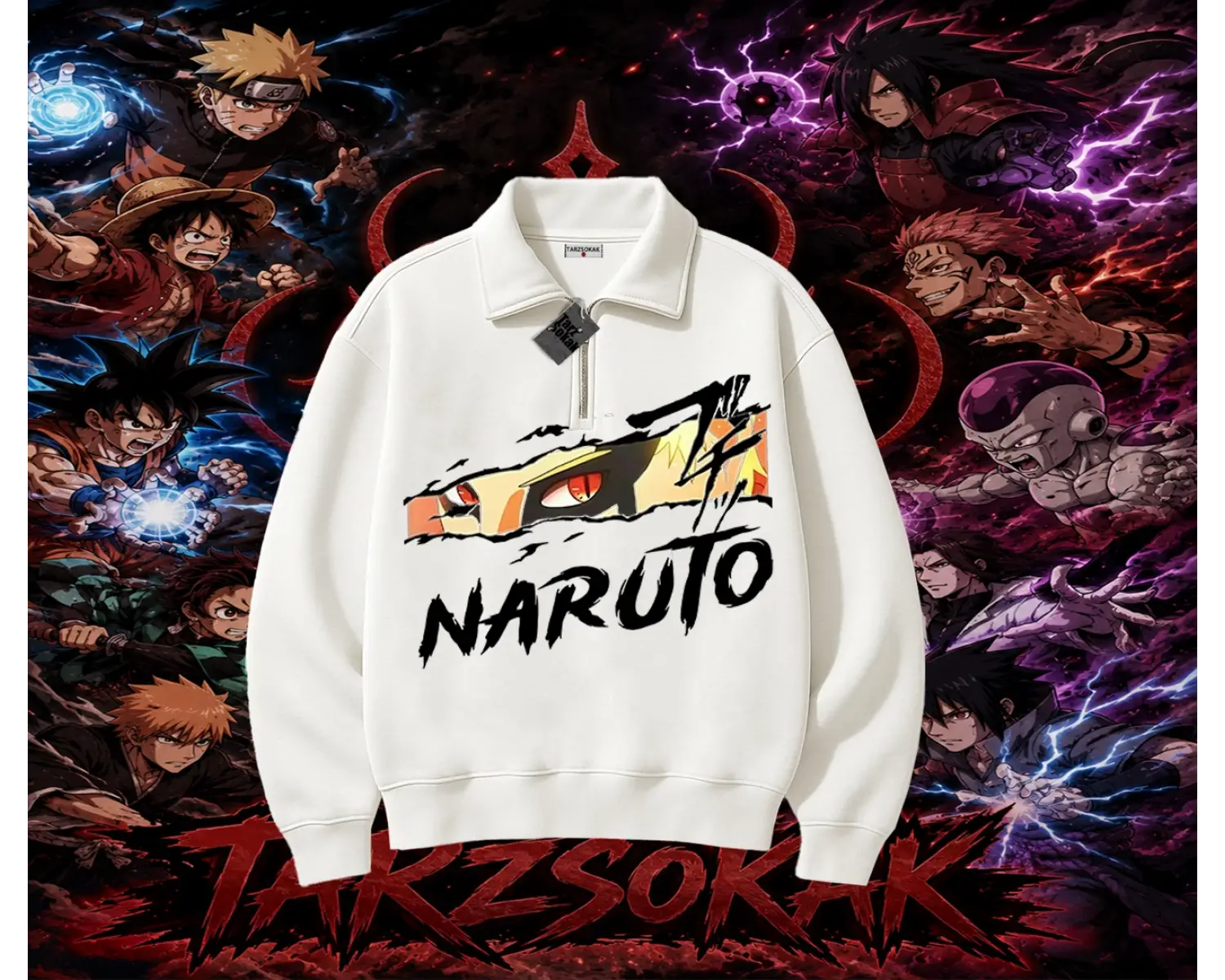 Naruto Uzumaki Premium Anime Unisex Polo Yaka Yarım Fermuarlı Sweatshirt Beyaz