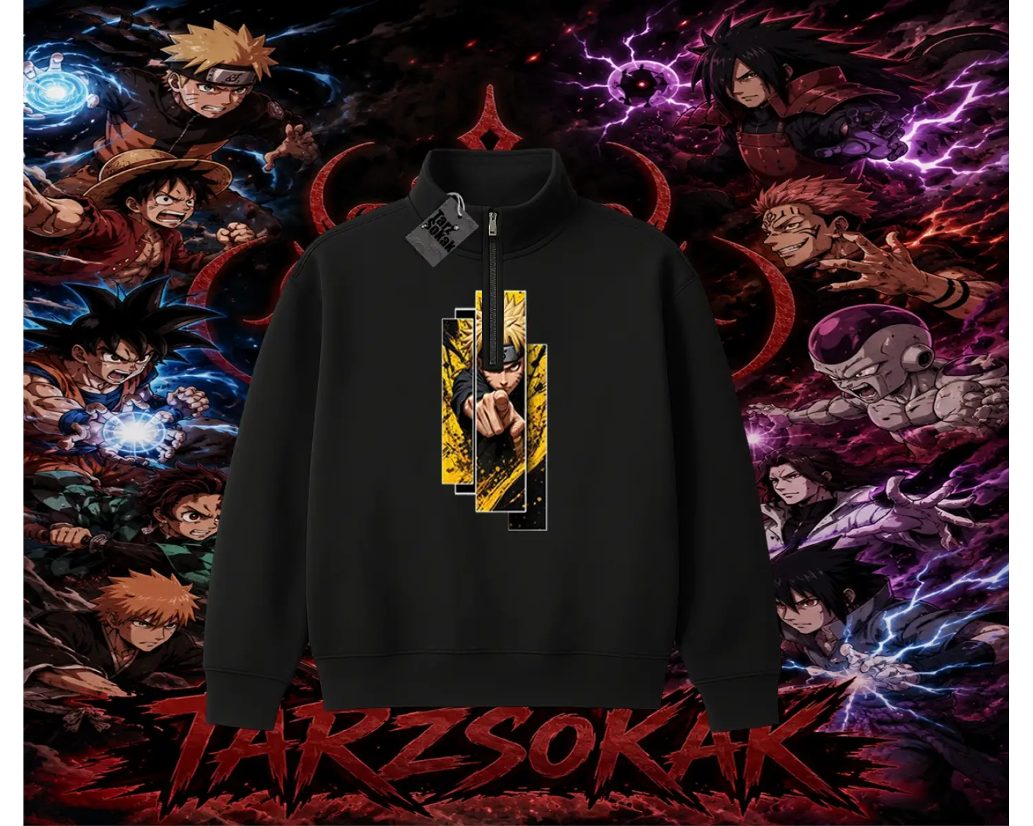 Naruto Uzumaki Premium Anime Unisex Polo Yaka Yarım Fermuarlı Sweatshirt Beyaz