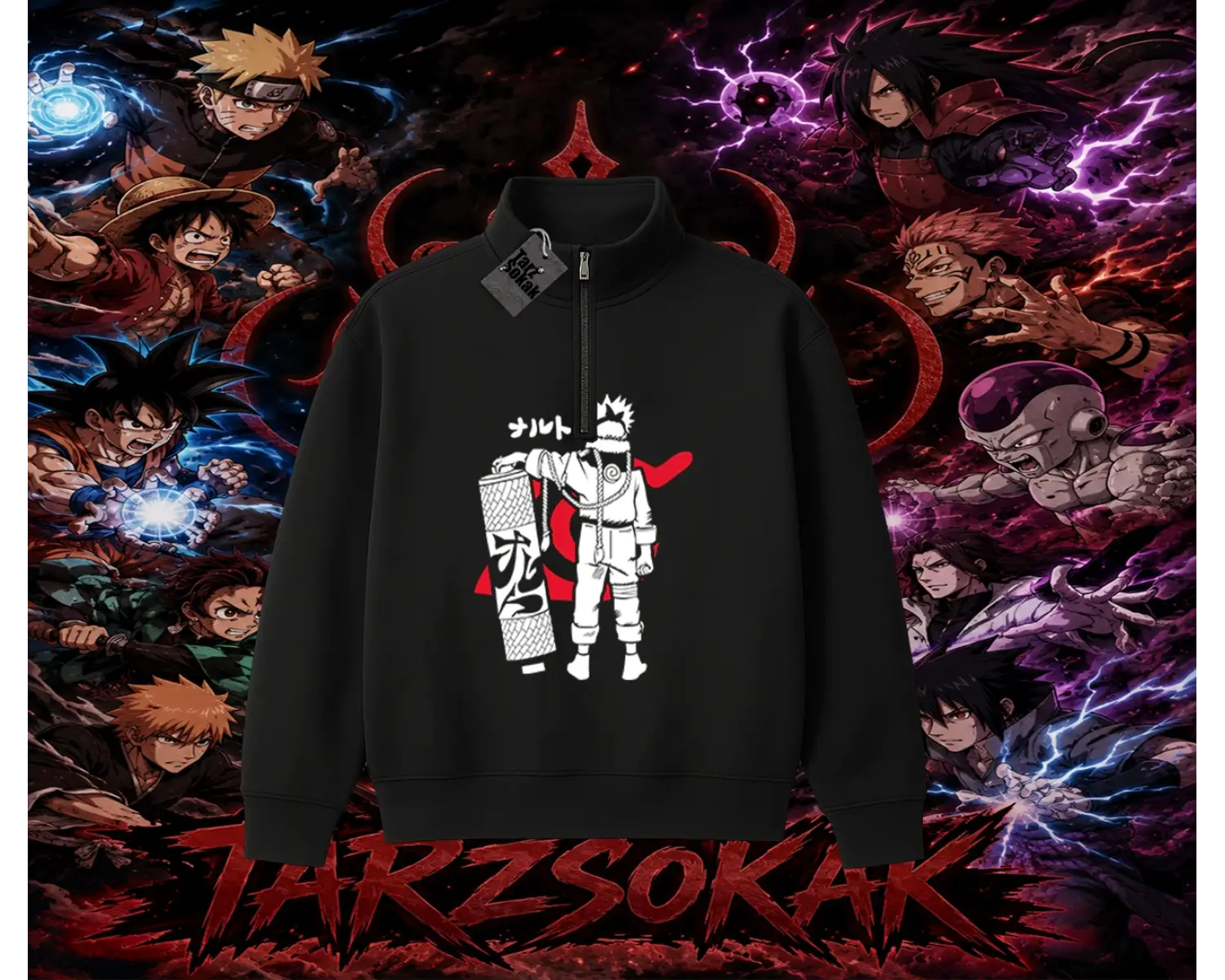 Naruto Uzumaki Premium Anime Unisex Polo Yaka Yarım Fermuarlı Sweatshirt Beyaz