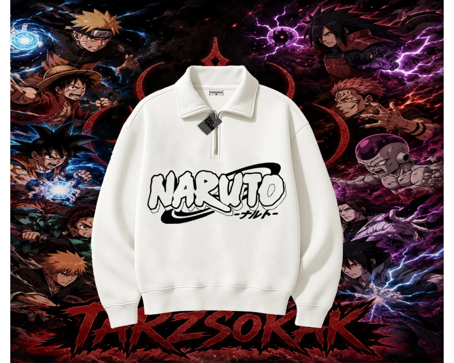 Naruto Uzumaki Premium Anime Unisex Polo Yaka Yarım Fermuarlı Sweatshirt Beyaz