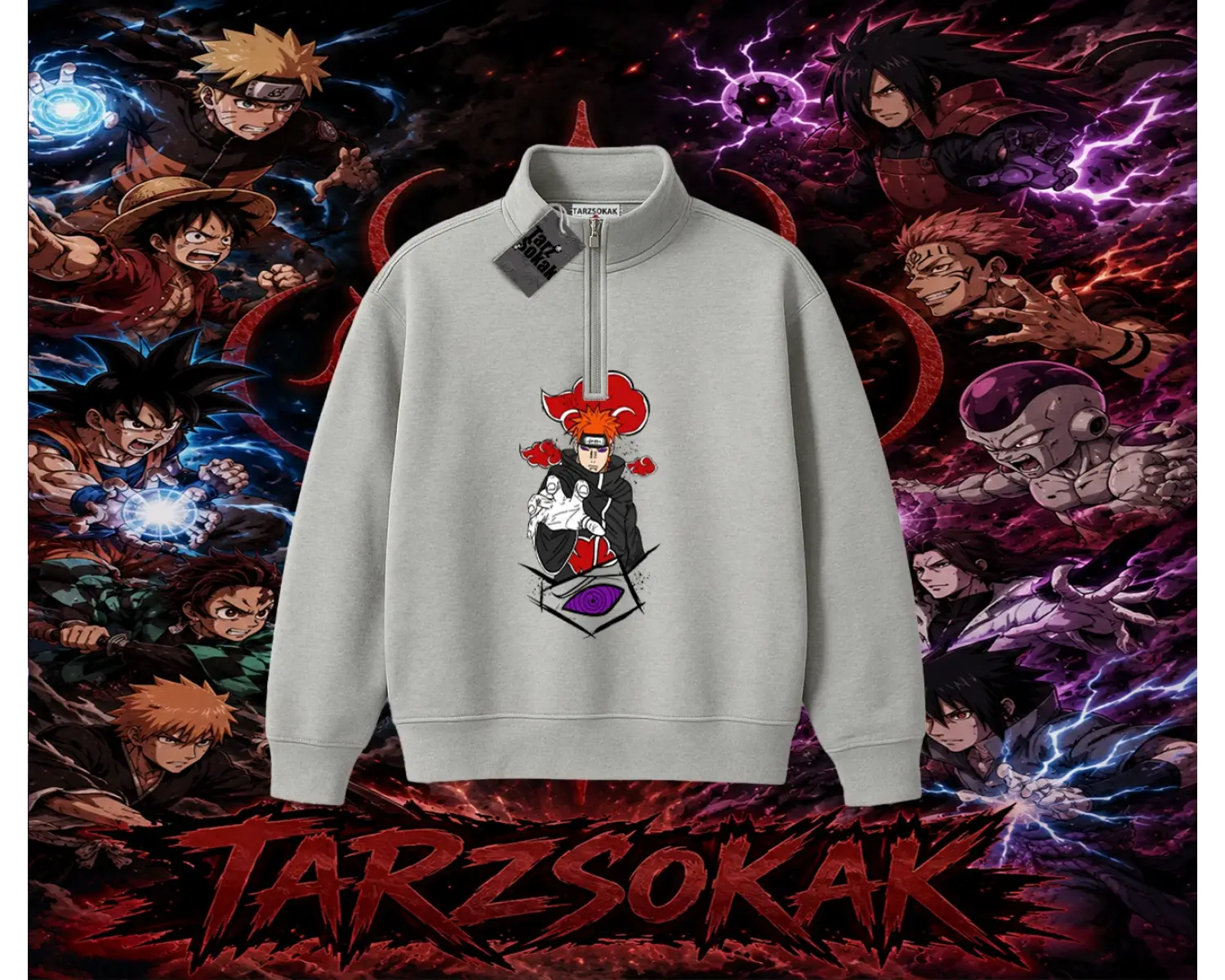 Naruto Uzumaki Premium Anime Unisex Polo Yaka Yarım Fermuarlı Sweatshirt Beyaz