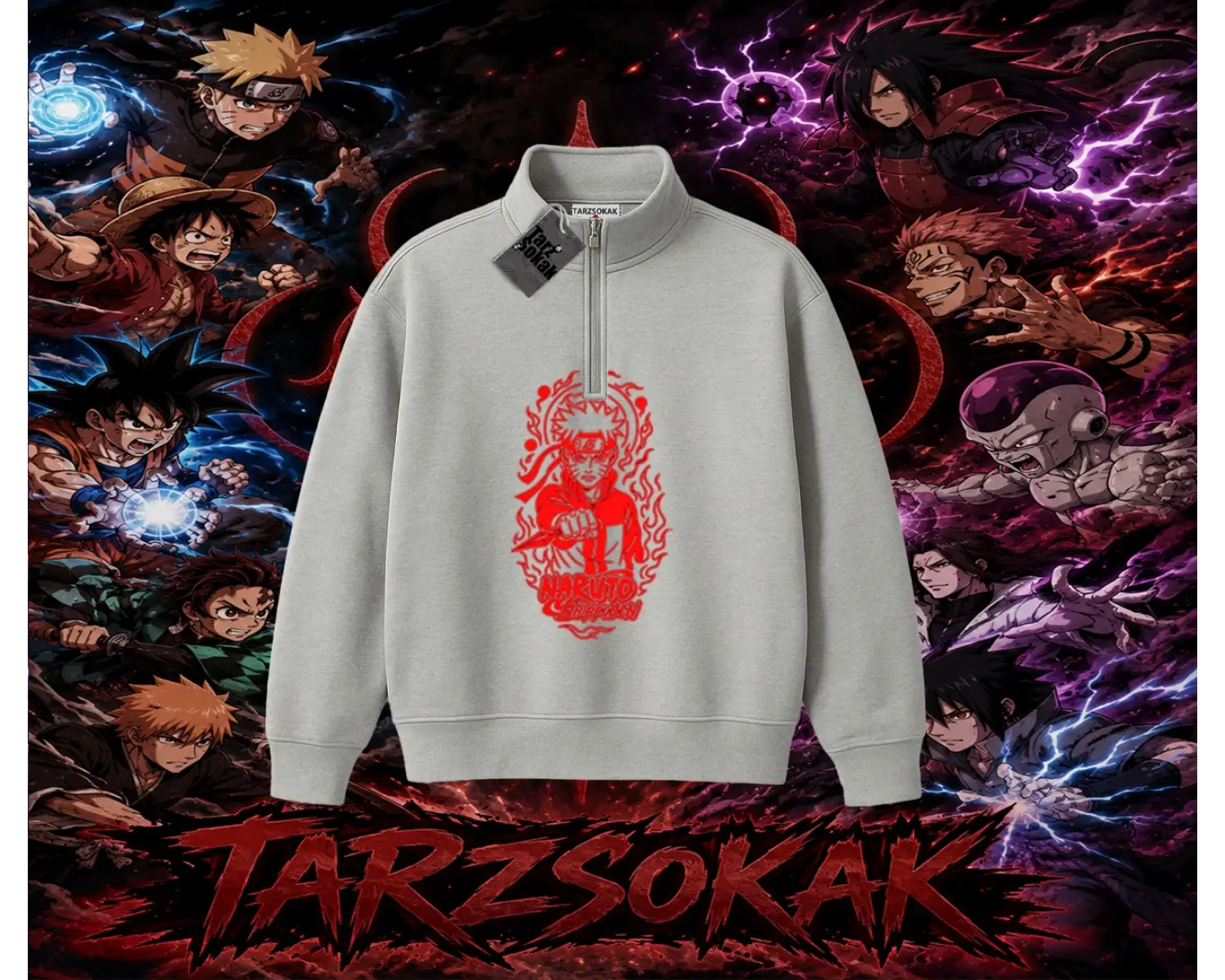 Naruto Uzumaki Premium Anime Unisex Polo Yaka Yarım Fermuarlı Sweatshirt Beyaz