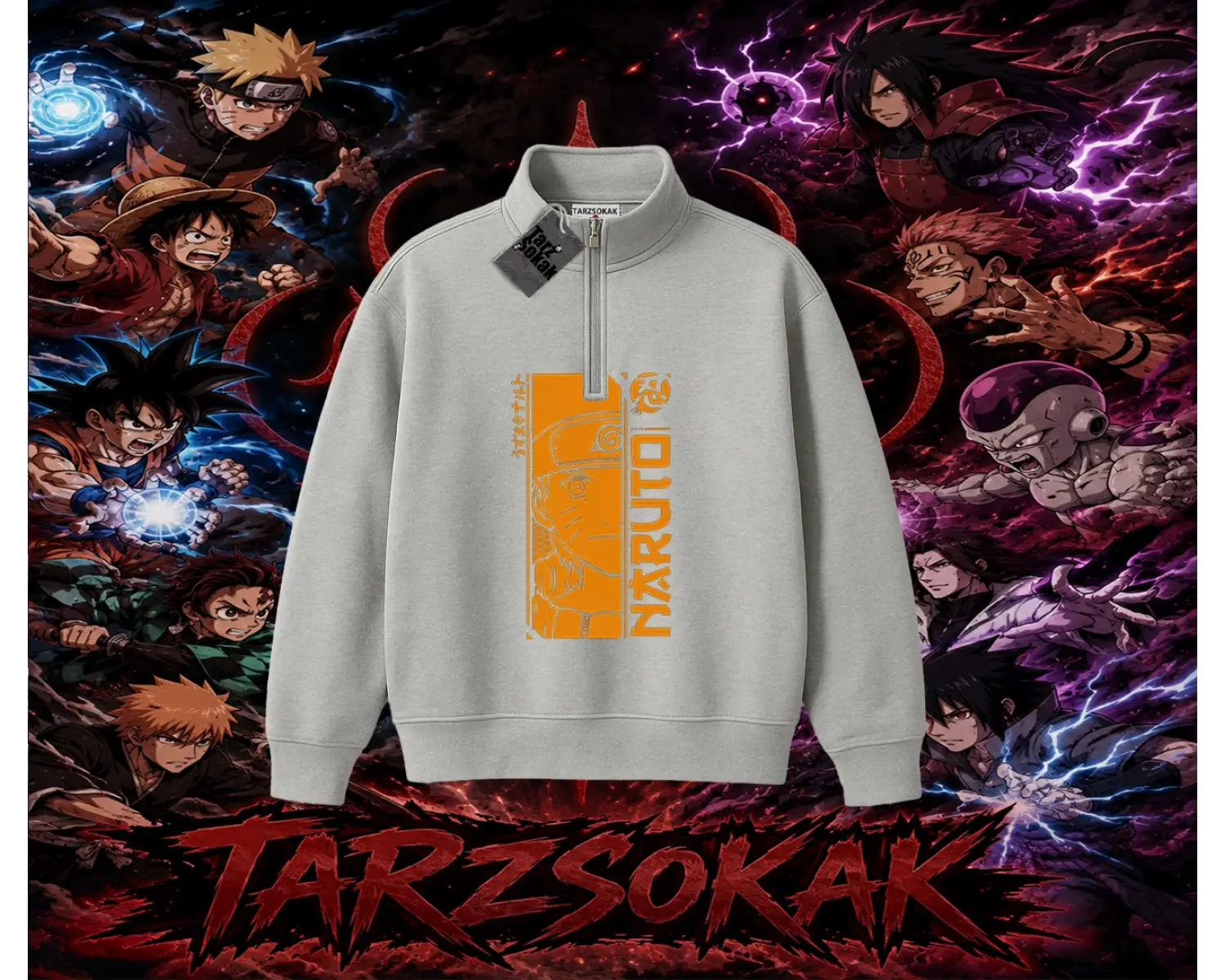 Naruto Uzumaki Premium Anime Unisex Polo Yaka Yarım Fermuarlı Sweatshirt Beyaz