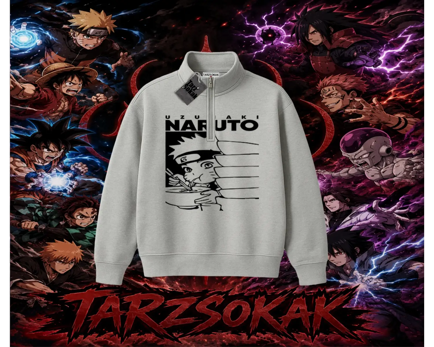 Naruto Uzumaki Premium Anime Unisex Polo Yaka Yarım Fermuarlı Sweatshirt Beyaz