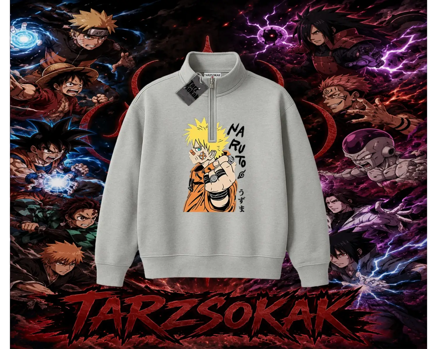 Naruto Uzumaki Premium Anime Unisex Polo Yaka Yarım Fermuarlı Sweatshirt Beyaz
