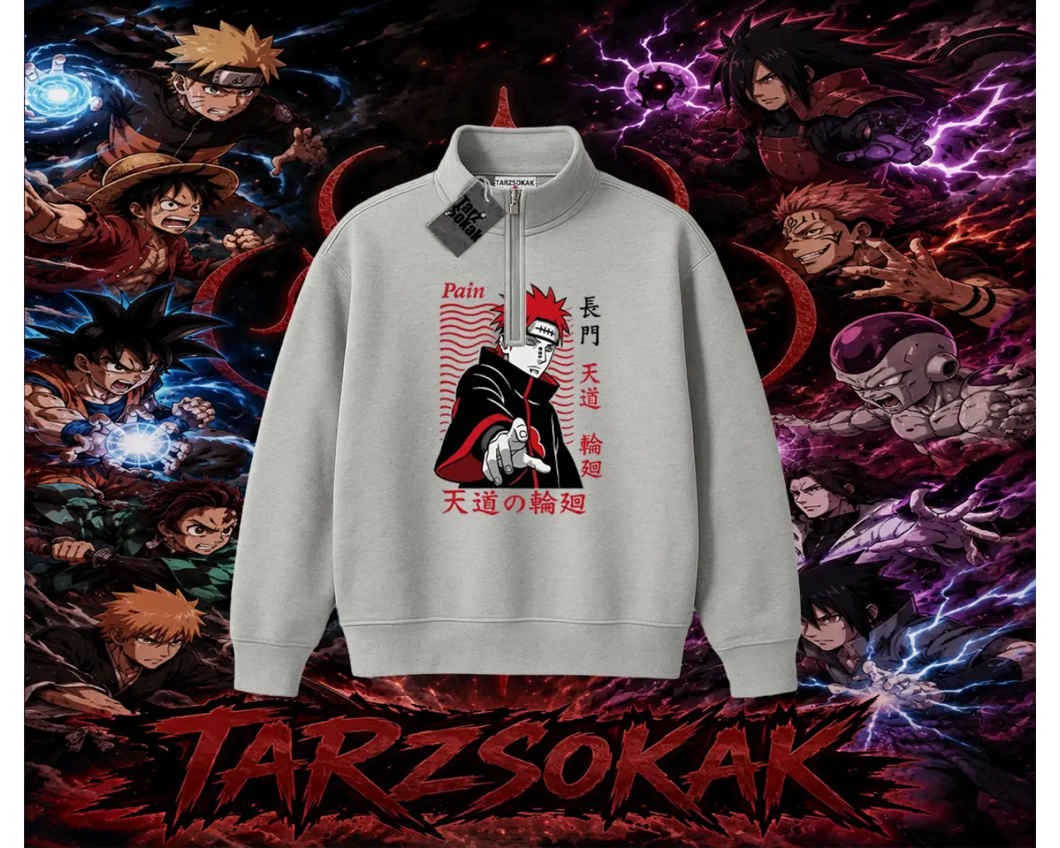 Naruto Uzumaki Premium Anime Unisex Polo Yaka Yarım Fermuarlı Sweatshirt Beyaz