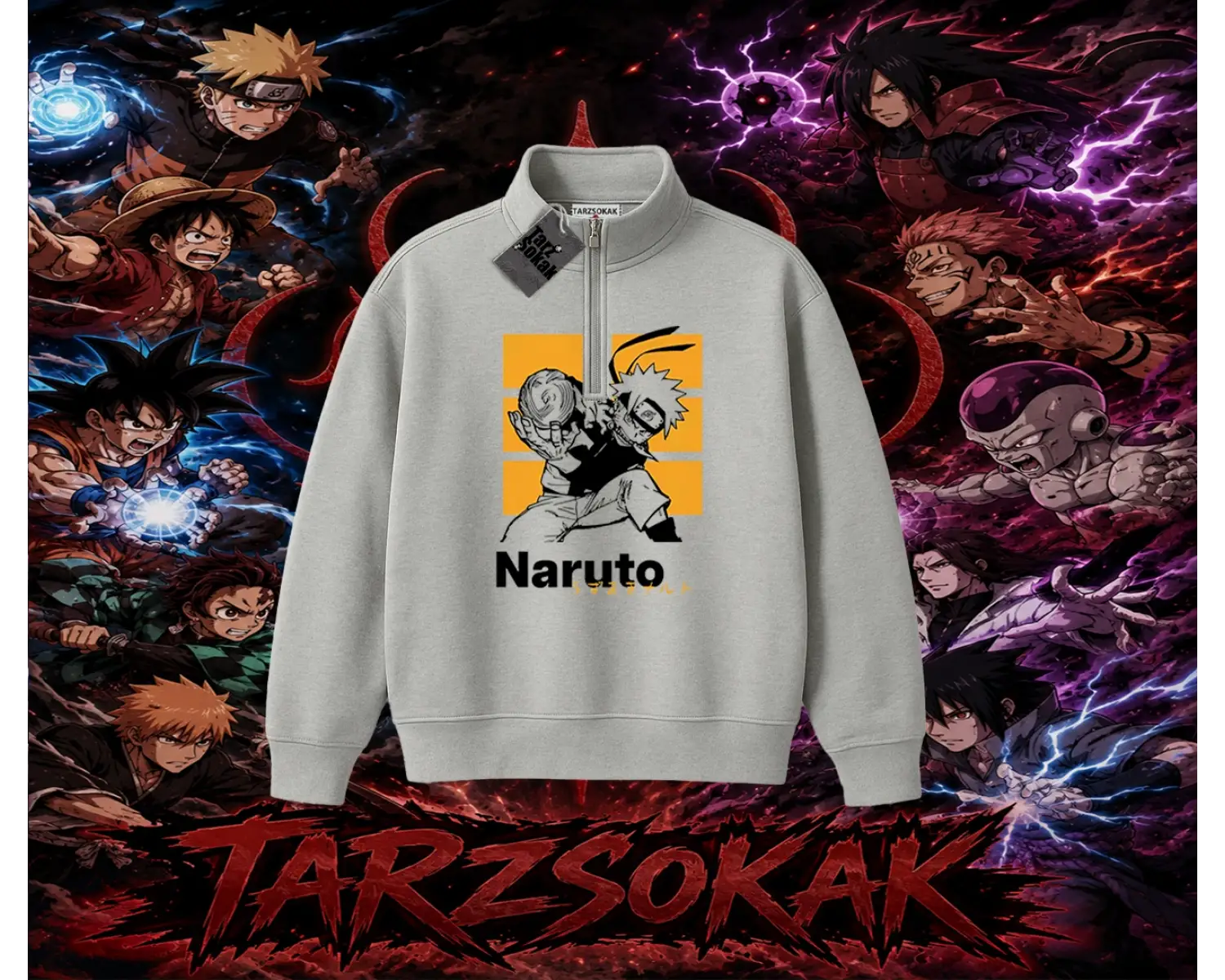 Naruto Uzumaki Premium Anime Unisex Polo Yaka Yarım Fermuarlı Sweatshirt Beyaz