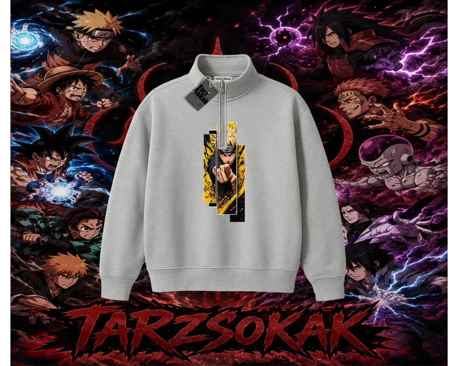 Naruto Uzumaki Premium Anime Unisex Polo Yaka Yarım Fermuarlı Sweatshirt Beyaz