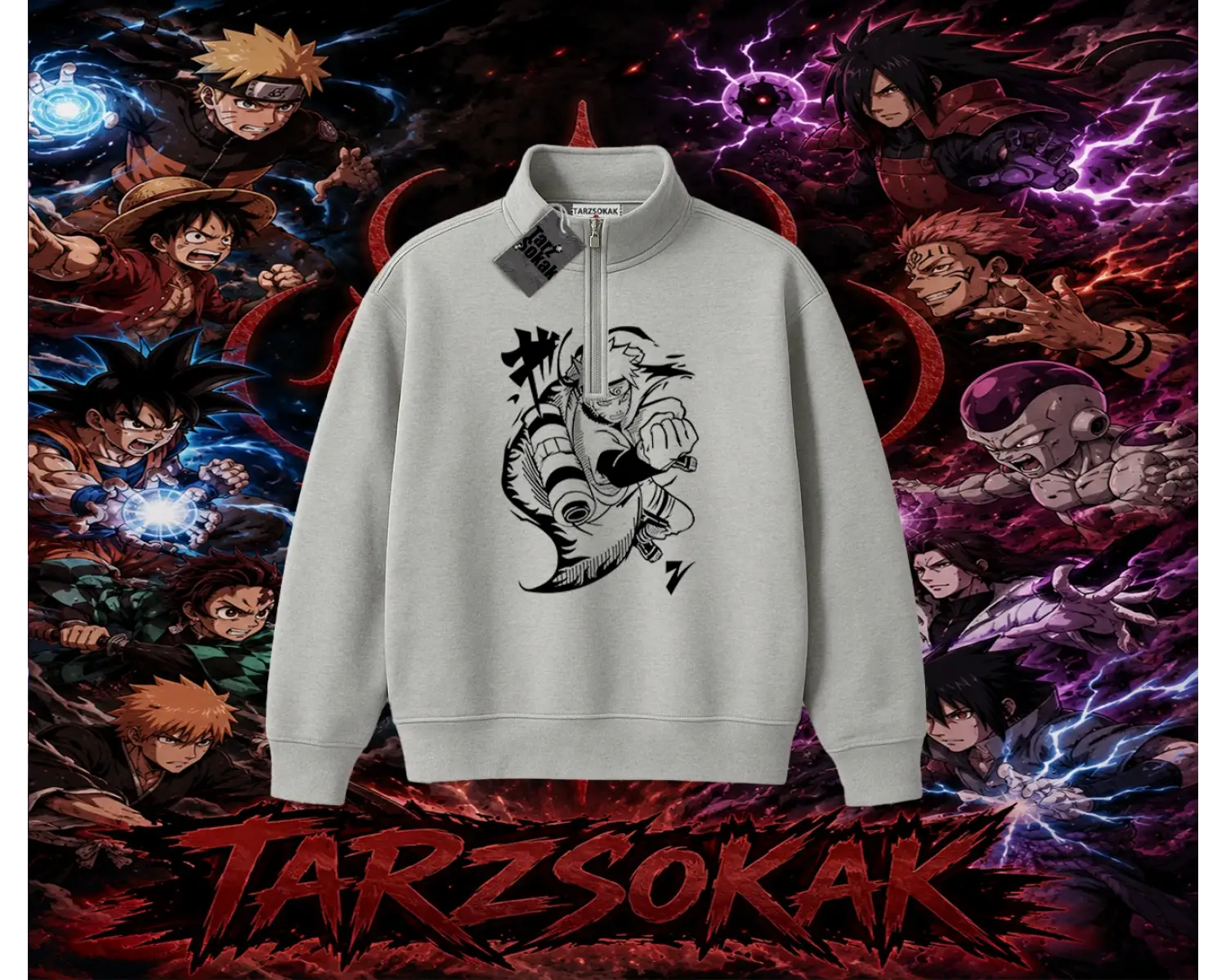 Naruto Uzumaki Premium Anime Unisex Polo Yaka Yarım Fermuarlı Sweatshirt Beyaz