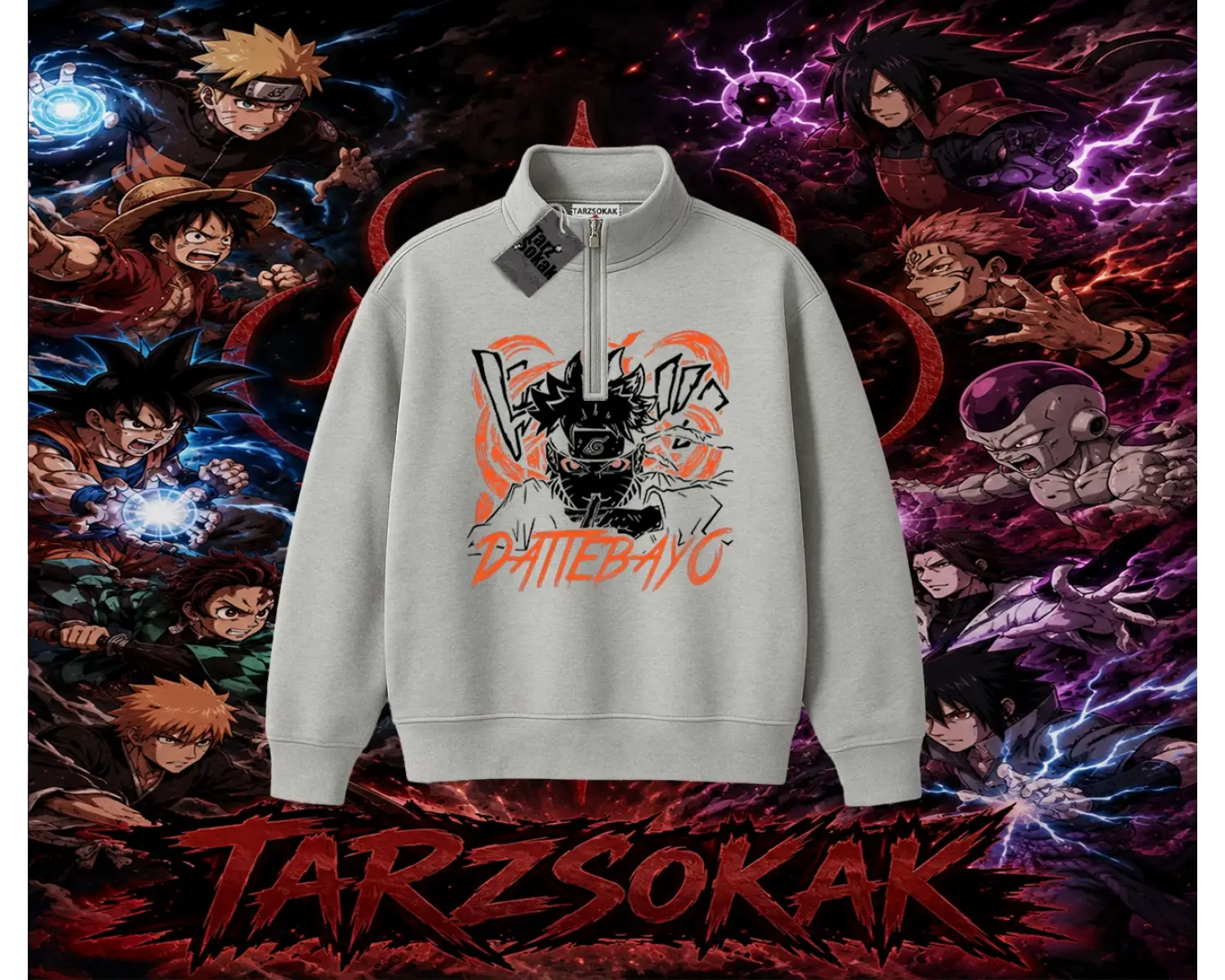Naruto Uzumaki Premium Anime Unisex Polo Yaka Yarım Fermuarlı Sweatshirt Beyaz